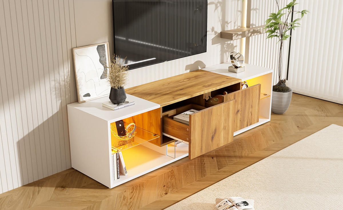 TV-SCHRANK in Weiß/Eicheoptik mit LED und 2 Schubladen 160/40/42 cm - Weiß, Holzwerkstoff (160/42/40cm) - Redom