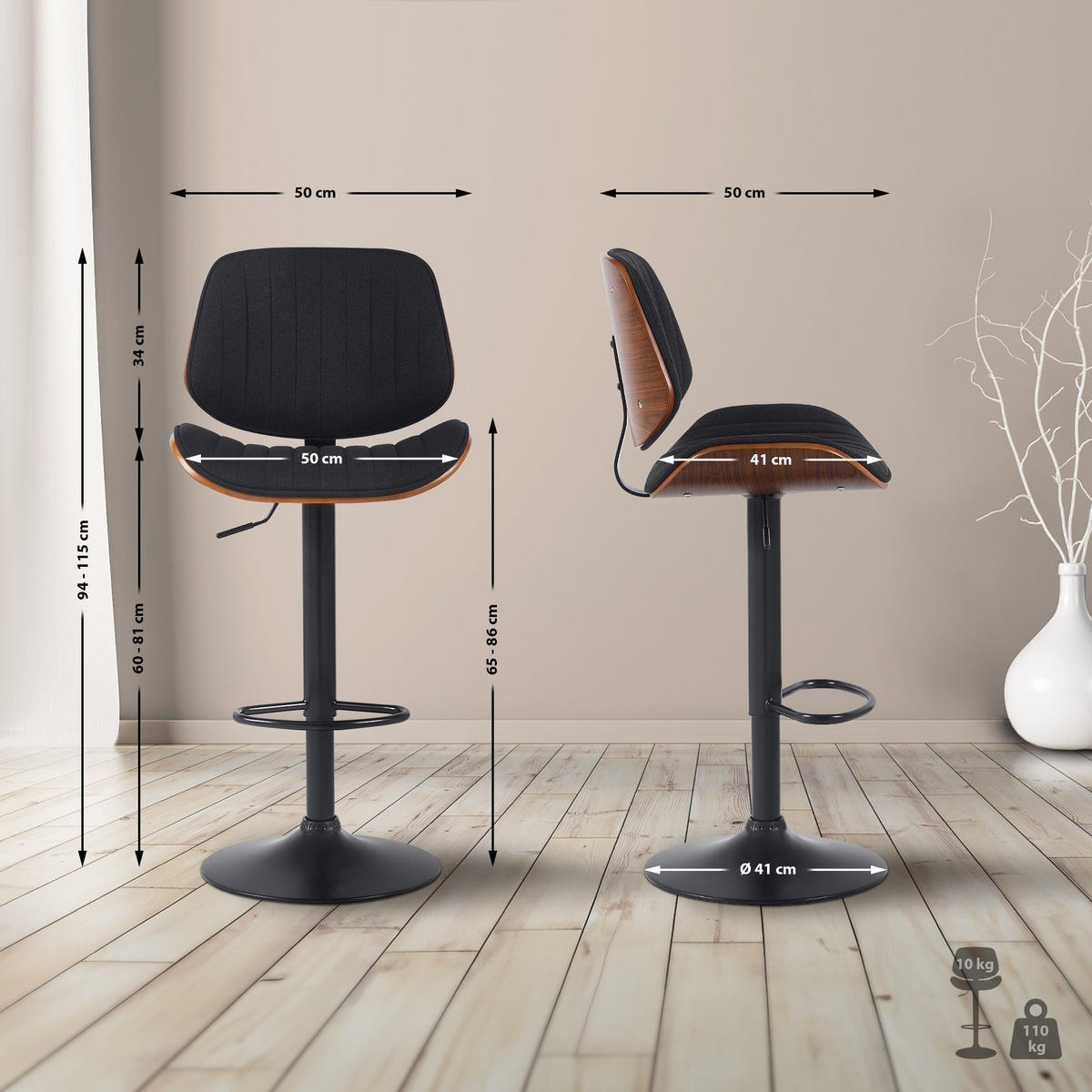 BARHOCKER 2er Set Stoff Walnuss/Schwarz - Walnussfarben/Schwarz, Textil/Metall (50/94/50cm) - CLP