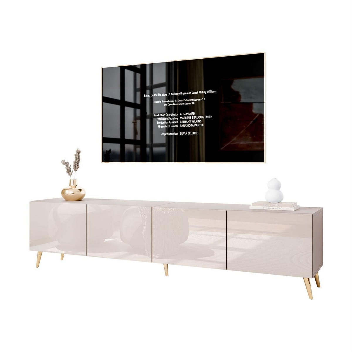 TV-SCHRANK COLGANTE 200 Kaschmir Hochglanz, mit LED, Schräge goldene Füßen - Kaschmir/Goldfarben, Holzwerkstoff (200/49/40cm) - Lookway