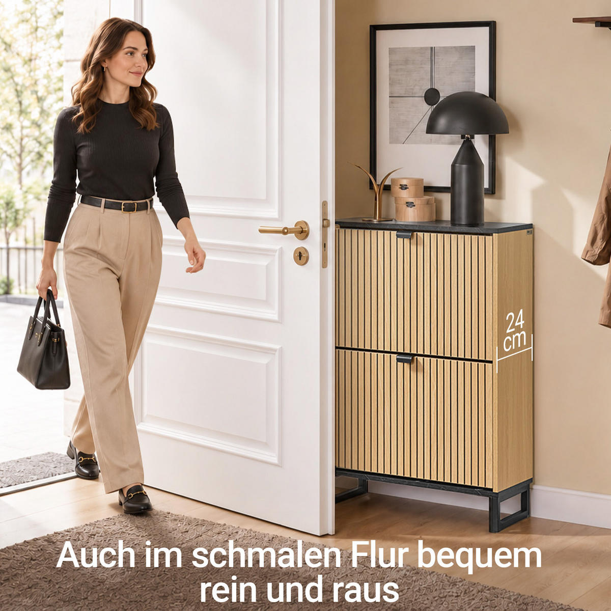 SCHUHSCHRANK Holzoptik & Schwarz mit Marmor - Naturfarben, Holzwerkstoff (60/88/24cm) - SoBuy