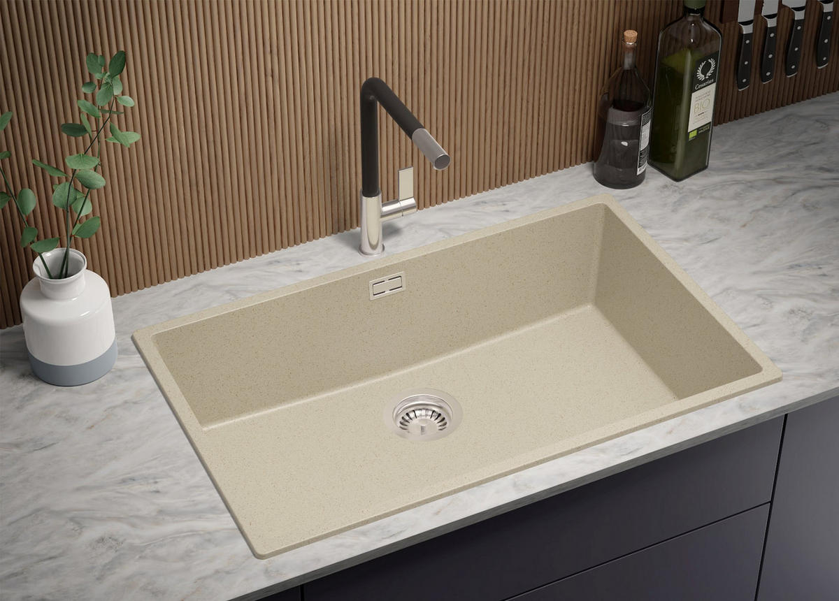 SPÜLBECKEN London Slim, 2-er set Beige 76/47 cm 1 Becken + Ablauf-Set ab 80er Unterschrank - Beige, Kunststoff (76/20/47cm) - Primagran