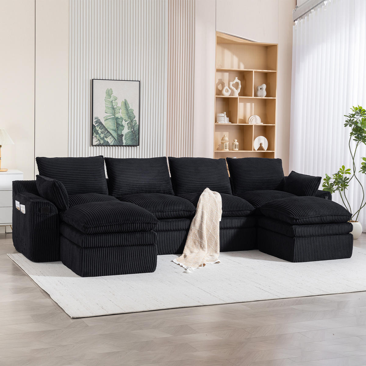 WOHNLANDSCHAFT Cord Schwarz mit Kissen und Seitentaschen - Schwarz, Textil (335/85/167cm) - WISHDOR