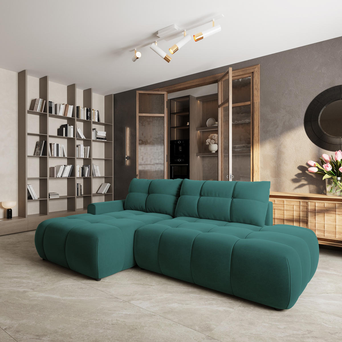 ECKSOFA FLUMA CL L-S Blau Samtstoff mit Schlaffunktion - Blau, Holzwerkstoff/Textil (279/158cm) - MASSENO