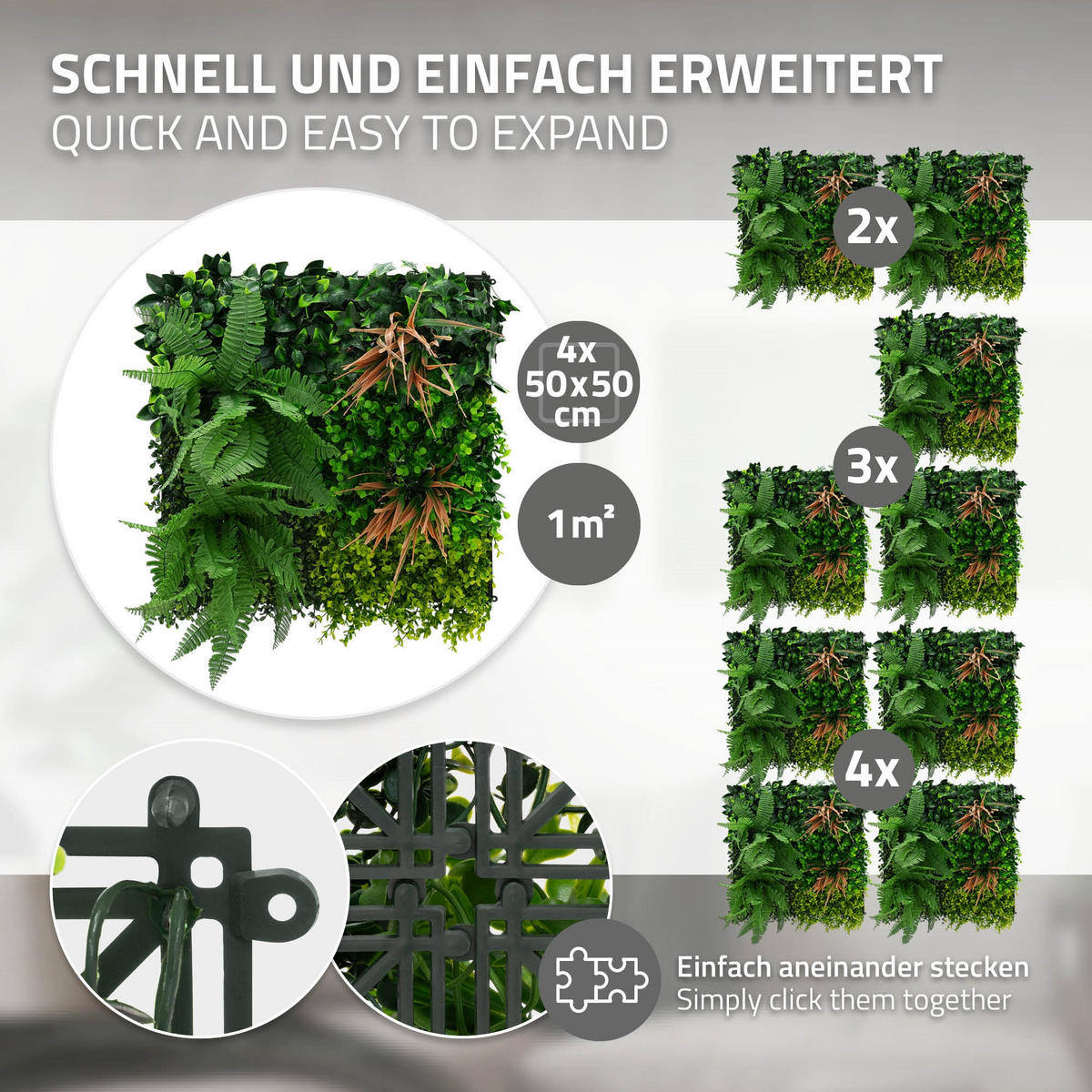 KÜNSTLICHE PFLANZENWAND 4er Set 50x50 cm Kunstpflanzen Wand Innen Aussen Grün Tropical Mix - Waldgrün/Kupferfarben, Kunststoff (50/50/10cm) - ECD-Germany