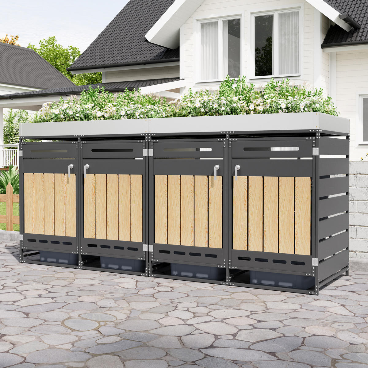 MÜLLTONNENBOX 4er Set Pflanzkasten Holzoptik Schloss - Schwarz, Metall (262/120/79cm) - LEBENLANG