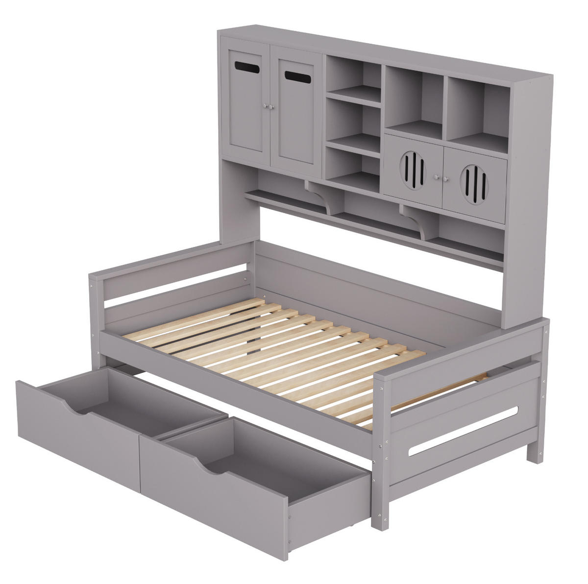 BETT 90/200 cm Grau mit Stauraum und Schubladen aus Holz - Grau, Holz (90/200cm) - Flora Grace