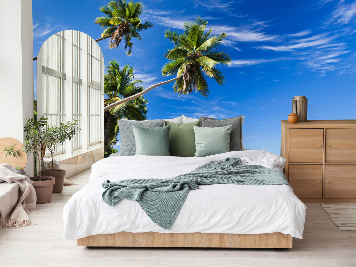 FOTOTAPETE Strand Ozean Palmen Landschaft 3D 450x315 - Türkis/Blau, Papier (450/315cm) - Muralo