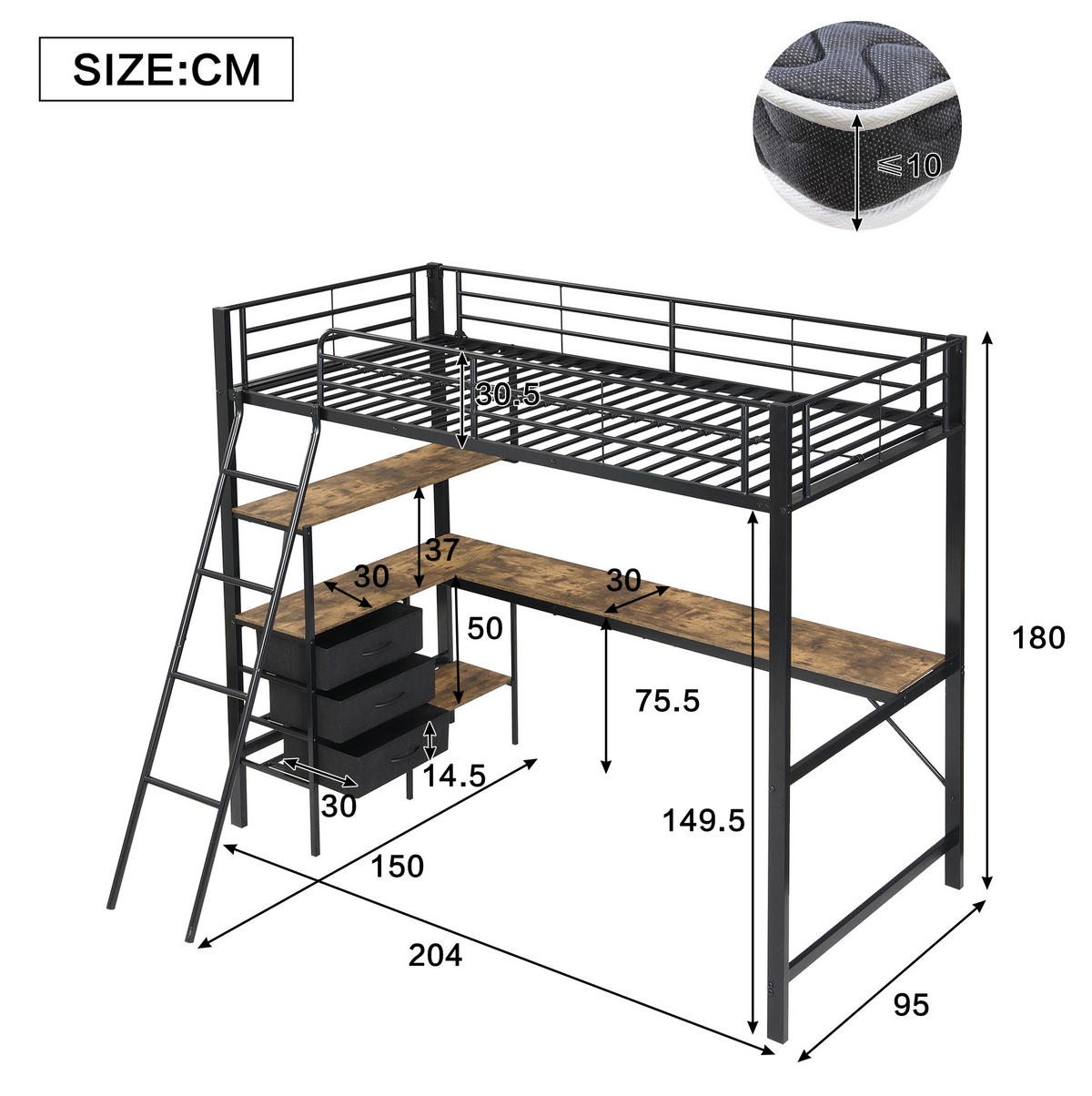 HOCHBETT 90/200 cm aus Metall mit Schreibtisch und 3 Schubladen - Schwarz, Metall (90/200cm) - BEAOK