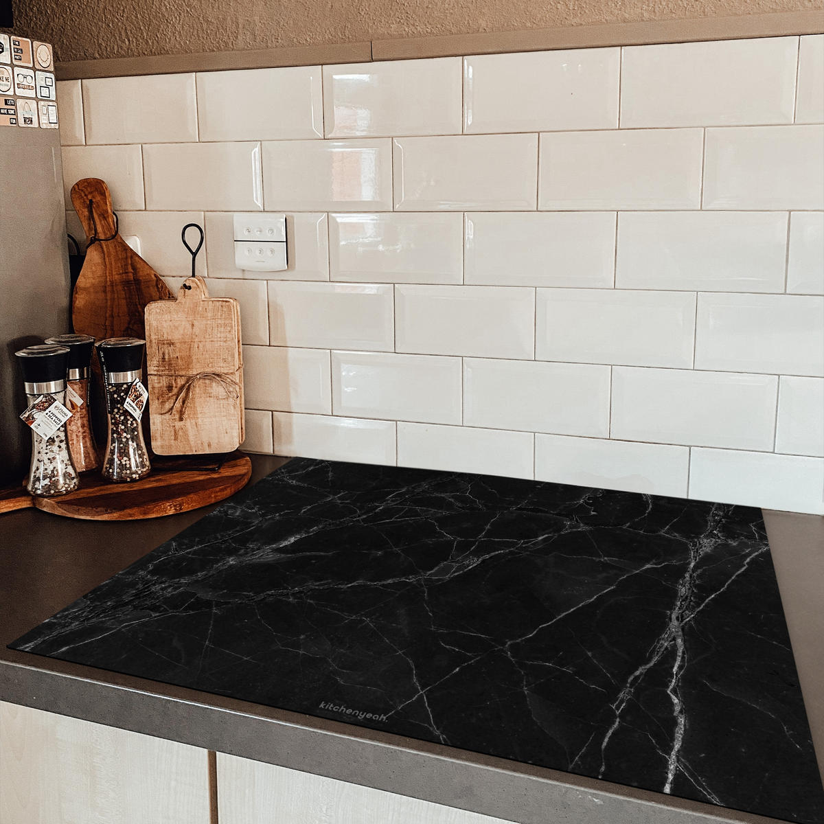 HERDABDECKPLATTE Schwarz - Marmor 77x59 cm - Schwarz, Kunststoff (77/0.2/59cm) - MuchoWow