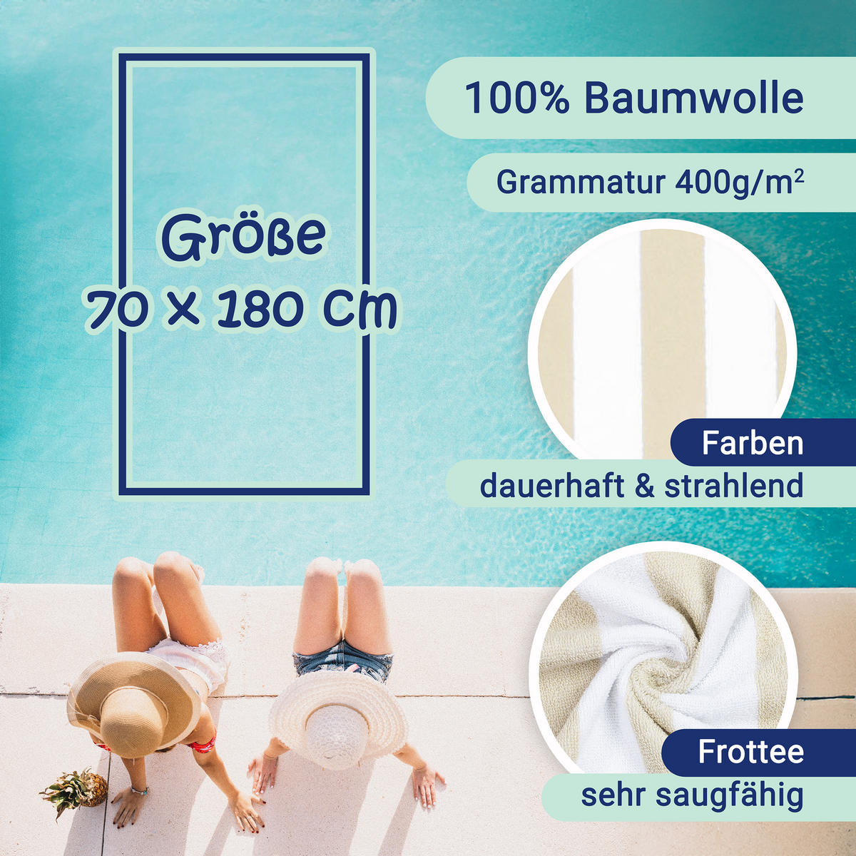 STRANDTUCH, 2er-Set, 70x180 cm, 100% Baumwolle, Beige - Beige, Textil (70/180cm) - Zollner
