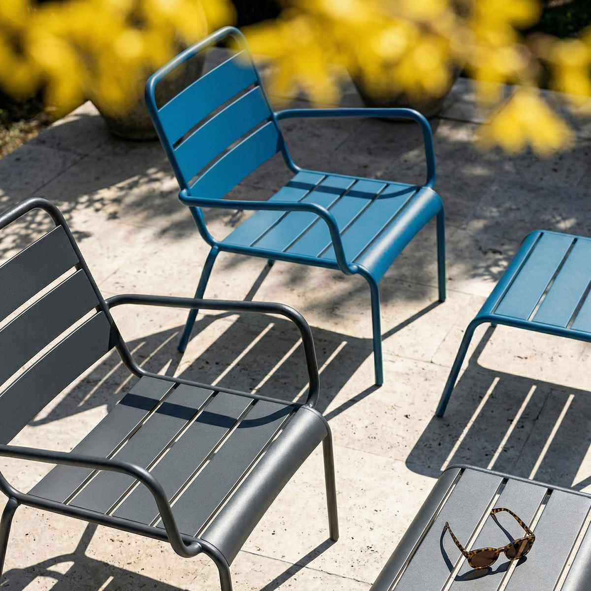 RELAXSESSEL MIT HOCKER 2-tlg., Grau/Pazifikblau - Blau, Metall (64/72/60cm) - Oviala