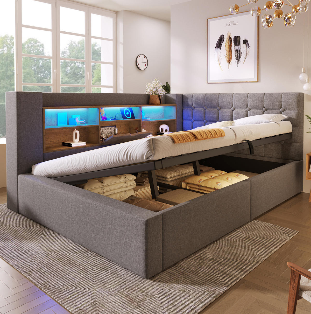 POLSTERBETT mit Stauraum 140x200 cm Leinen Grau - Grau, Metall (140/200cm) - Meubliv