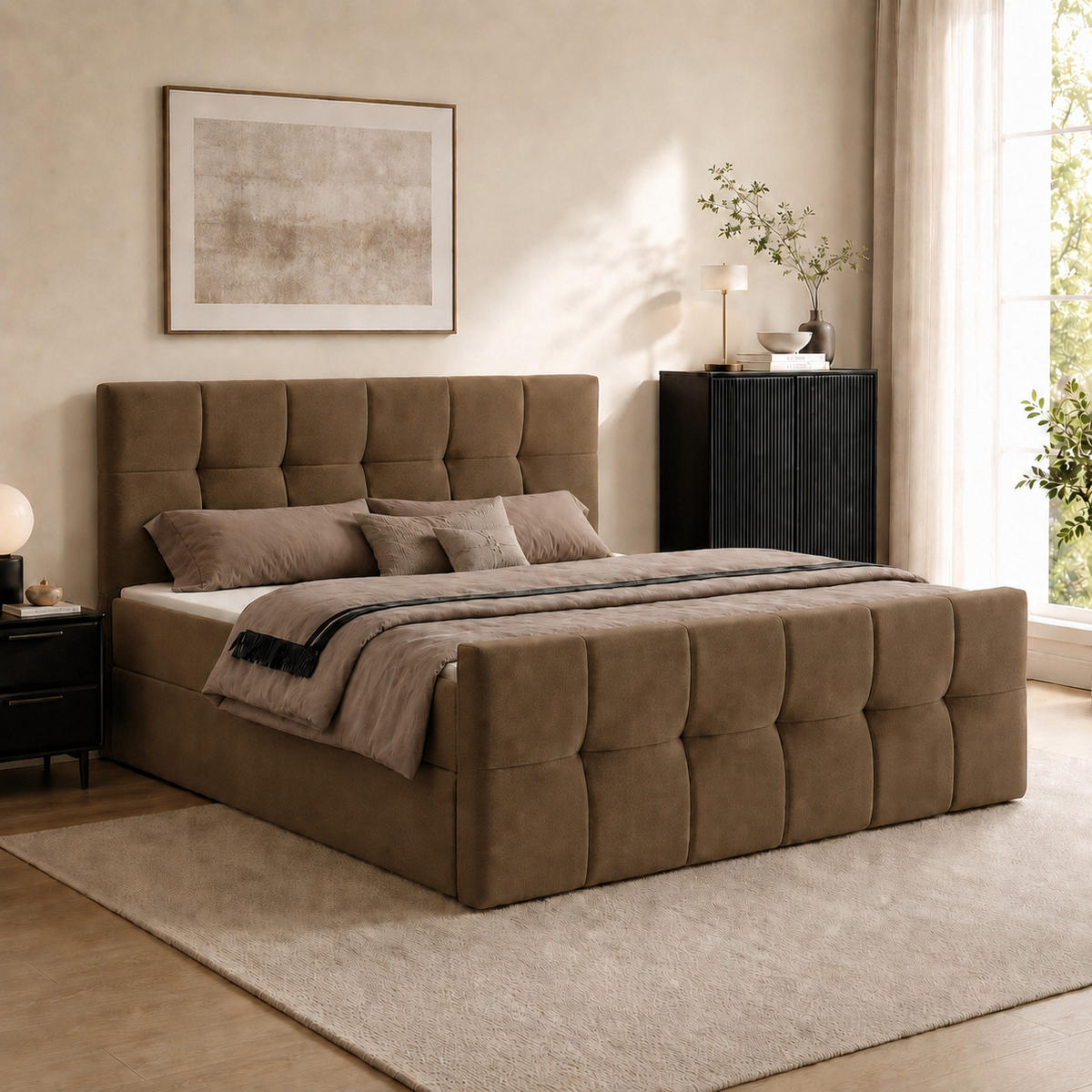 BOXBETT AUREN FRONT 160x200 cm Komplett-Set mit Bonell-Matratze, Topper und Bettkasten, Samt Braun - Braun, Textil (160/200cm) - Luxkor24