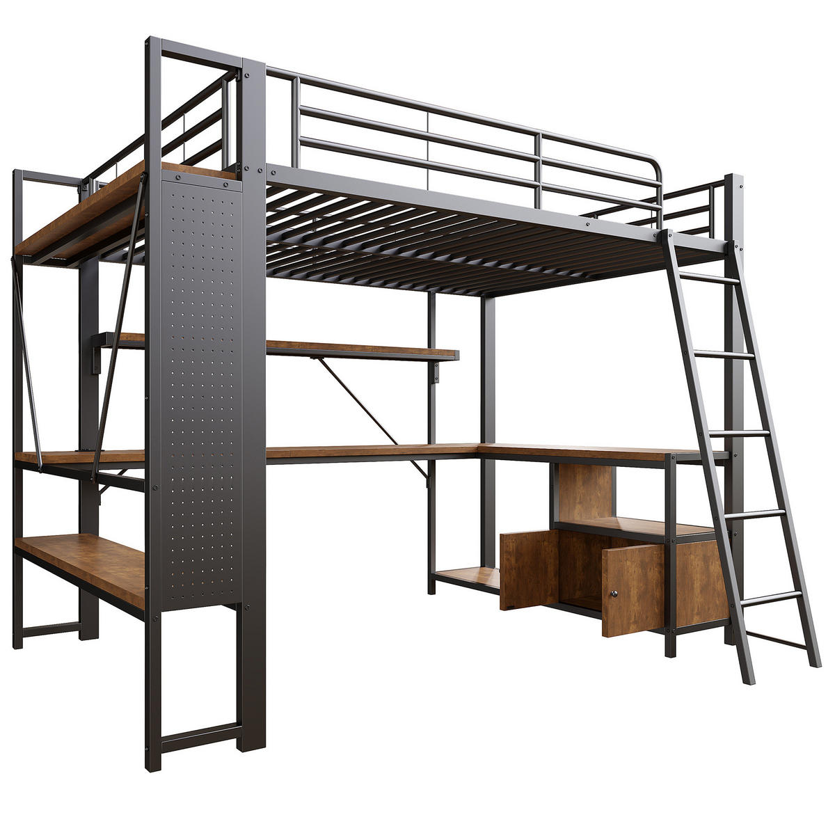 HOCHBETT 140/200 cm aus Metall mit Schreibtisch, Stauraum und LED-Beleuchtung - Schwarz, Metall (140/200cm) - Flora Grace