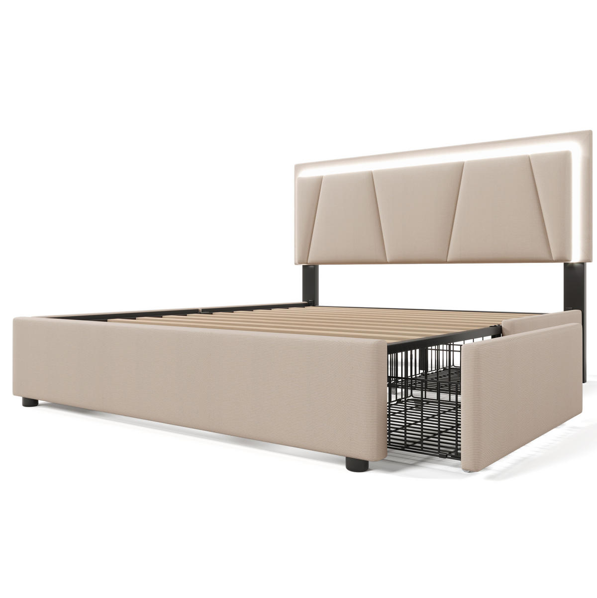 POLSTERBETT 160x200 cm Beige mit LED-Beleuchtung, 4 Schubladen und verstellbarem Kopfteil - Beige, Textil (160/200cm) - IVMEU