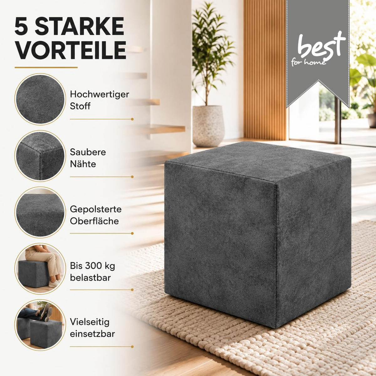 SITZWÜRFEL / Siège Pouf - Graphite, 40X40X40 Cm, Assise Rembourrée, Confortable Pour Salon, Chambre Ou Bureau - Schwarz, Textil (41/41/40cm) - Best For Home