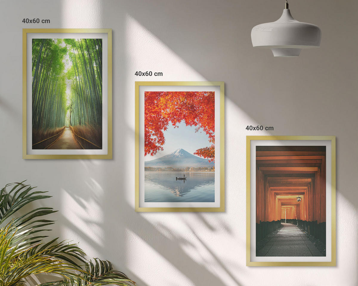 WANDBILDER 3er Set - 40x60 cm Goldrahmen - Fuji-Bambuswaldlandschaft - Goldfarben, Kunststoff (40/60cm) - ArtPrintCave