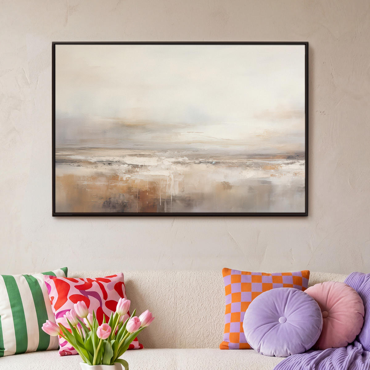 LEINWAND Bilder mit Rahmen - Kunst - Industriell - Grau - Braun - Abstrakt - 90x60 - Sandfarben, Textil (90/60cm) - MuchoWow