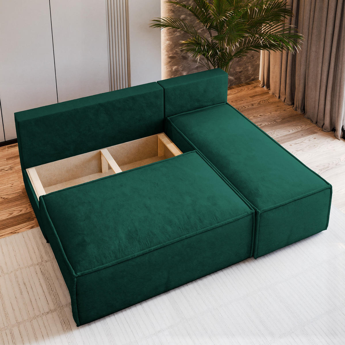 ECKSOFA BRISO M Grün Velours-Stoff mit Schlaffunktion - Grün, Holz (200/140cm) - MASSENO