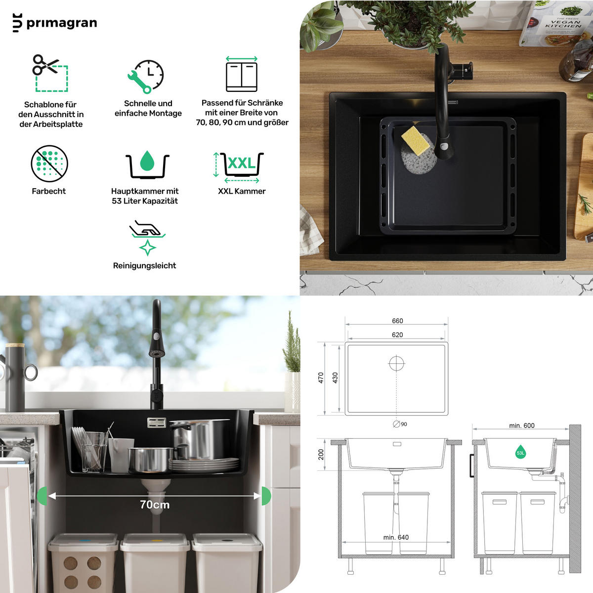 SPÜLBECKEN London Slim, 2-er set Alles Weiß 66/47 cm 1 Becken + Ablauf-Set ab 70er Unterschrank - Weiß, Kunststoff (66/20/47cm) - Primagran