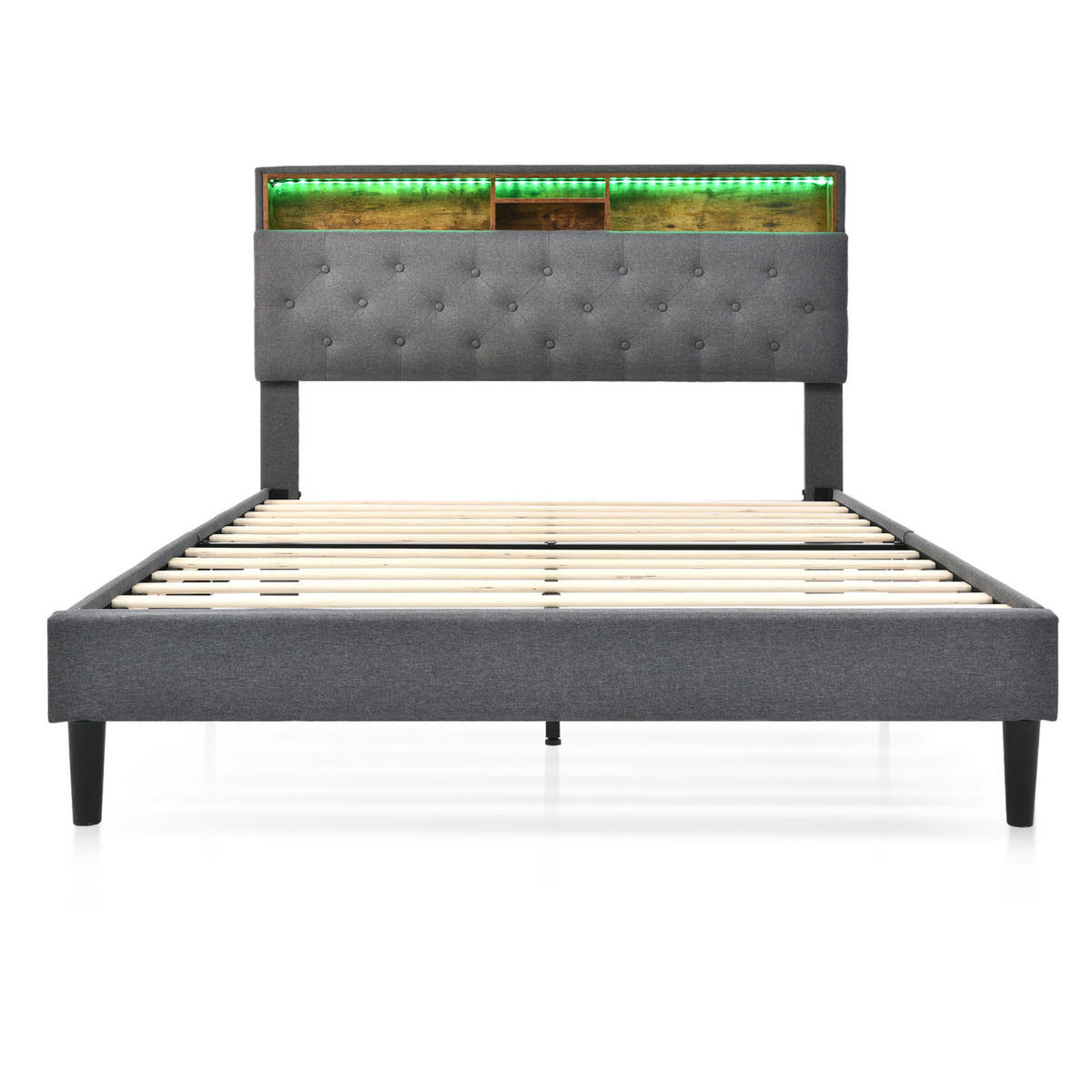 POLSTERBETT 140/200 cm Grau mit Stauraum-Kopfteil und LED-Beleuchtung Mit Matratze - Dunkelgrau, Holz (140/200cm) - OKWISH