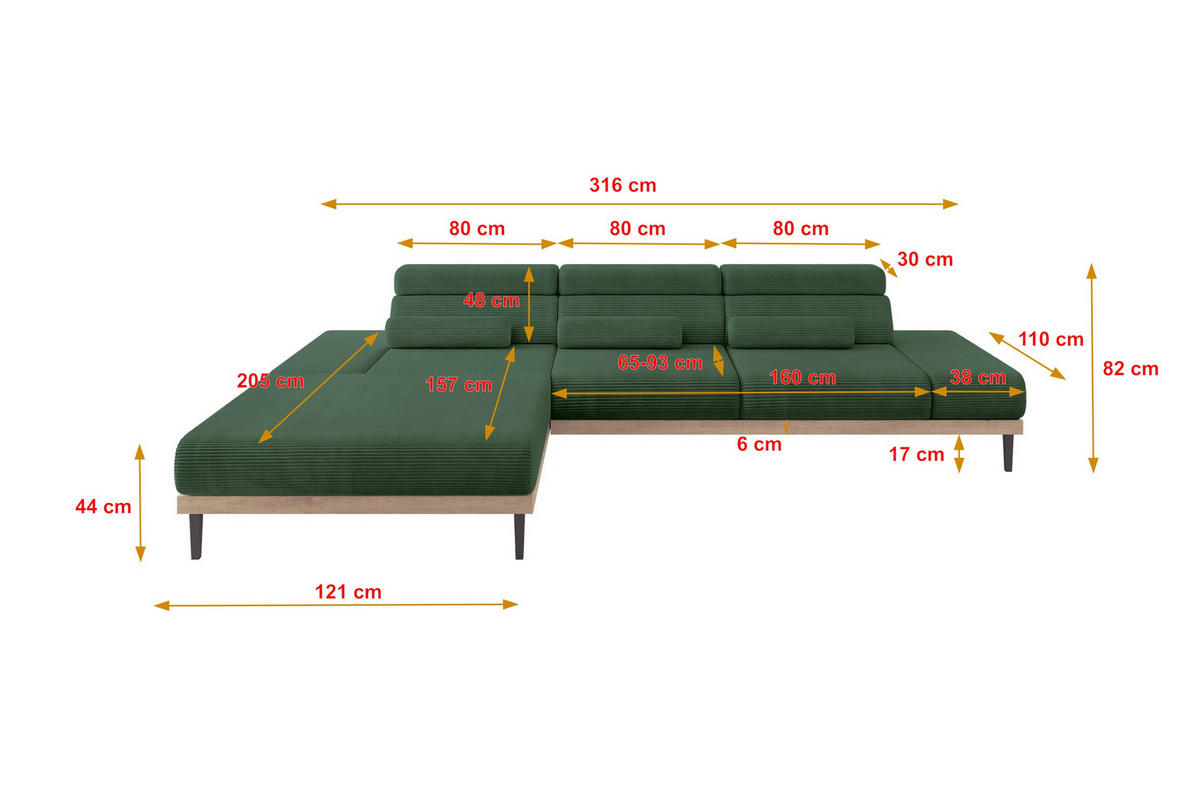 ELEKTRISCHES ECKSOFA Links MONA 316x205x85 Grün Cord - Salbeigrün/Grün, Holzwerkstoff/Textil (316/205cm) - ALTDECOR