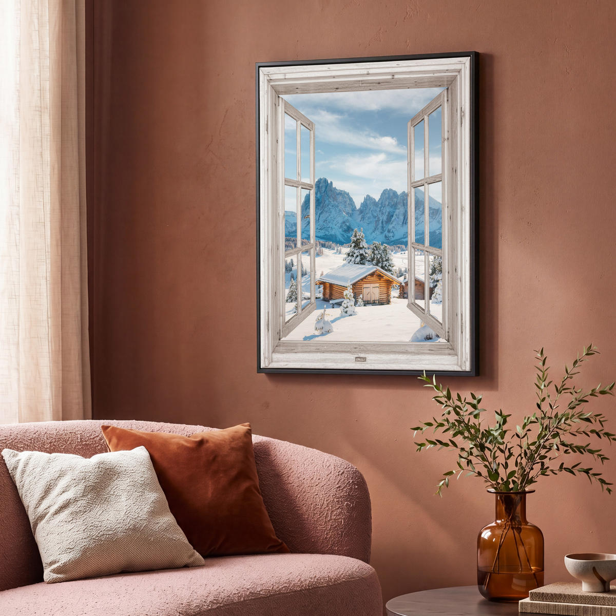 LEINWAND Bilder mit Rahmen - Winterlandschaft - Hütte - Berge - Ausblicke - Aussicht - Natur - 70x100 - Weiß Hochglanz, Textil (70/100cm) - MuchoWow