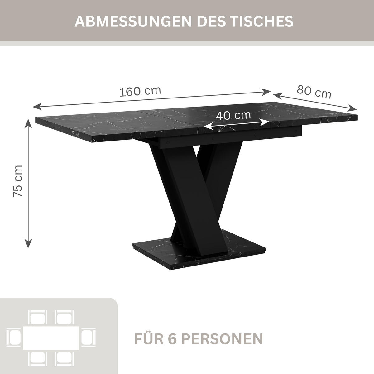 ESSTISCH Ausziehbar 120-160 cm Schwarz Marmor-Optik - Schwarz, Holzwerkstoff (160/80/75cm) - Home Collective