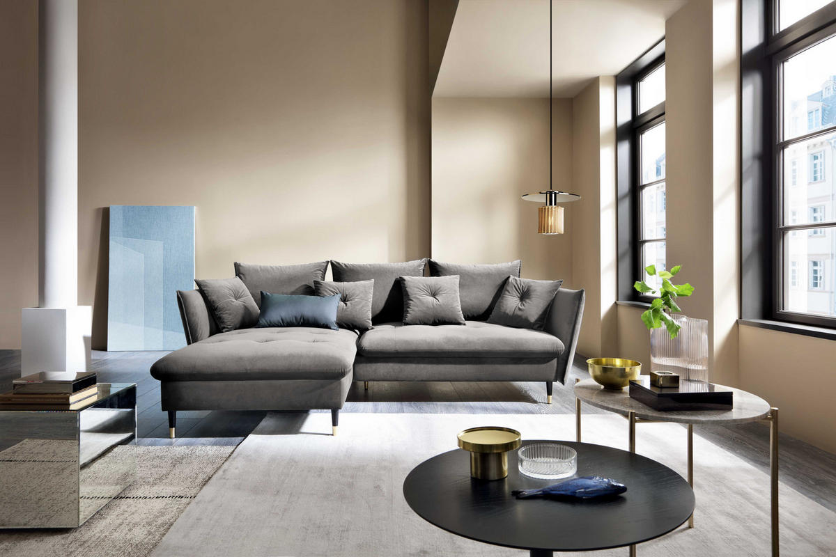 ECKSOFA GLAM mit Schlaffunktion, Ottomane & goldenen Füßen – Samtsofa im Glamour-Stil mit Zierkissen, 258x167x91cm, Linke, GRAU - Grau, Holz/Textil (167/258cm) - DomoHome