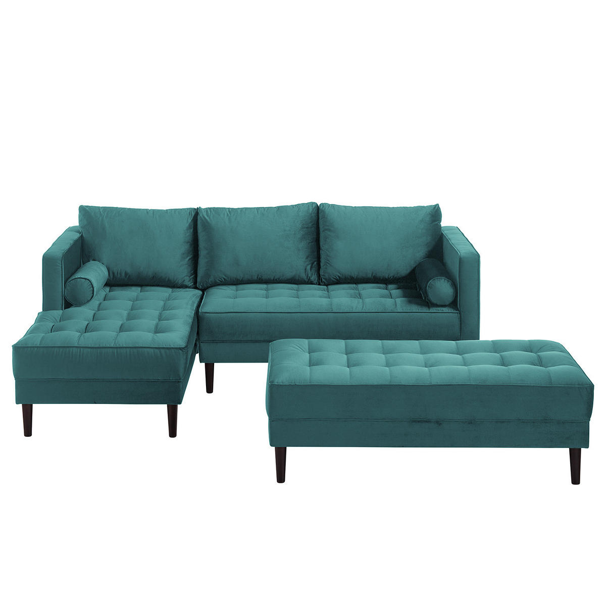 ECKSOFA - Samt - Dunkelbraun/Petrol, Birkenholz/Textil (201/155cm) - home24
