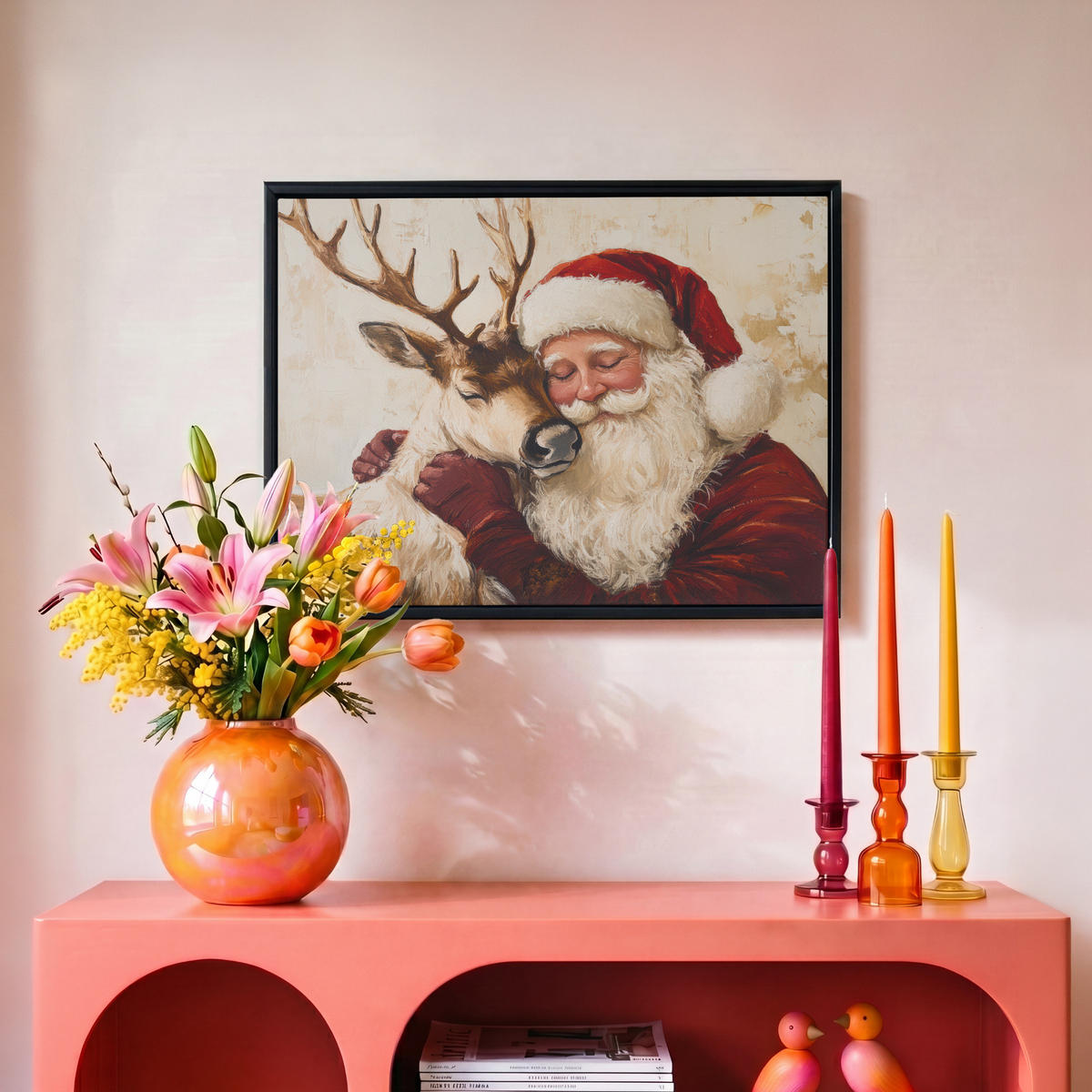 LEINWAND Bilder mit Rahmen - Weihnachtsmann - Rentier - Weihnachten - 40x30 - Rotbraun, Textil (40/30cm) - MuchoWow