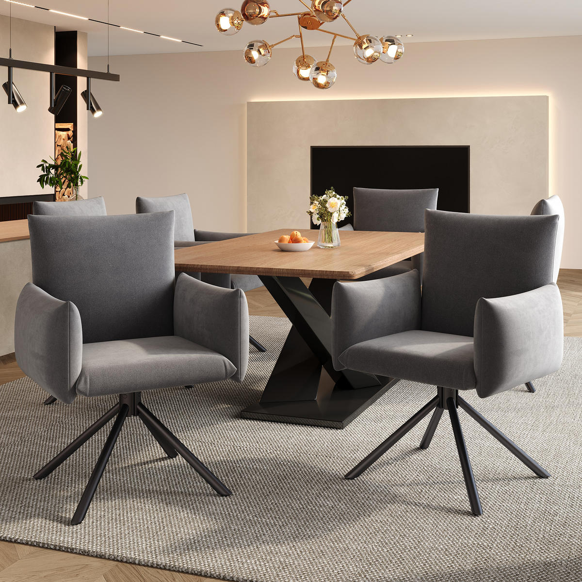 ESSZIMMERSTUHL 6er Set Drehstuhl Samt Grau Lordosenstütze - Grau, Textil (59.5/88/65cm) - FLIEKS