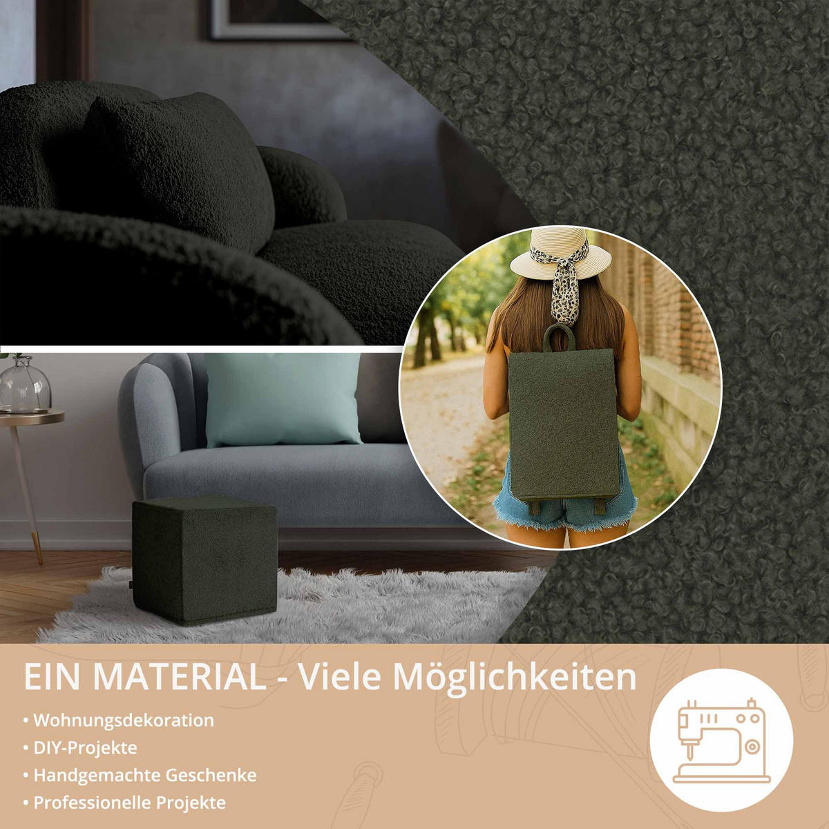 BOUCLESTOFF Quelle Dunkelgrün– 315 g/m², 140 cm breit, weich & robust, feuer- & UV-resistent - Dunkelgrün, Textil (140/100cm) - Dreamroots