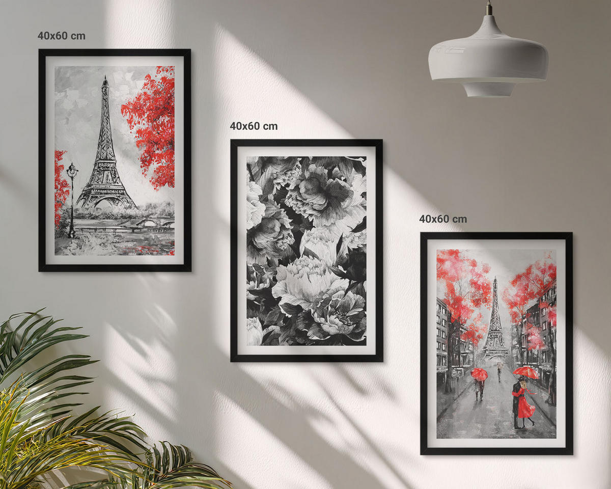 BILDER SET 3er Set - 40x60 cm Schwarzer Rahmen - graue Gemälde des Eiffelturms - Schwarz, Kunststoff (40/60cm) - TULUP