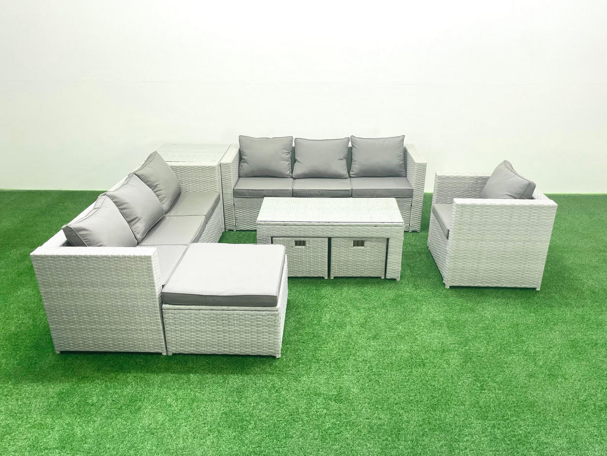 GARTENSOFA hohe Rückenlehne Polyrattan Hellgrau-Mix 10-Sitzer - Hellgrau/Grau, Glas/Kunststoff - Fimous