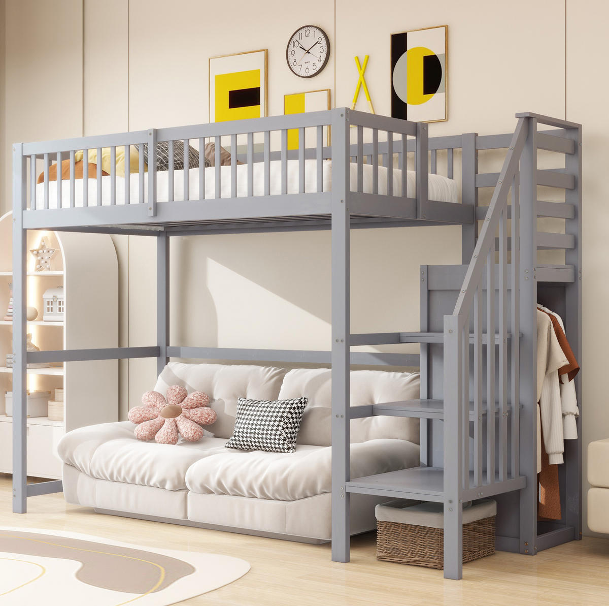 ETAGENBETT 90/200 cm grau aus Holz mit Treppe und Schrank - Grau, Holzwerkstoff (90/200cm) - OKWISH