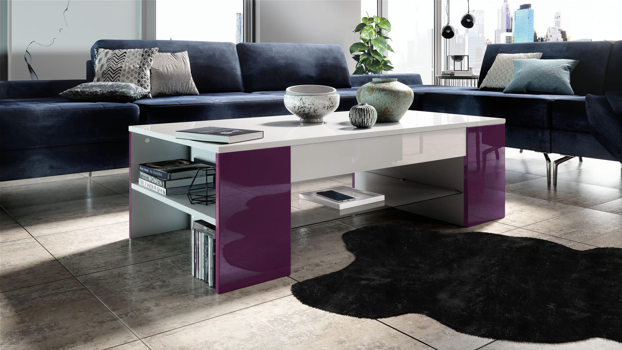COUCHTISCH Clip Blenden in Brombeer Hochglanz - Brombeere, Holzwerkstoff (60/118/37cm) - Vladon