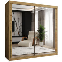 SCHIEBETÜRENSCHRANK mit Spiegel 200 cm Breite Artisan mit schwarzem Griff - Schwarz/Eiche Artisan, Holzwerkstoff (200/200/62cm) - Home Collective