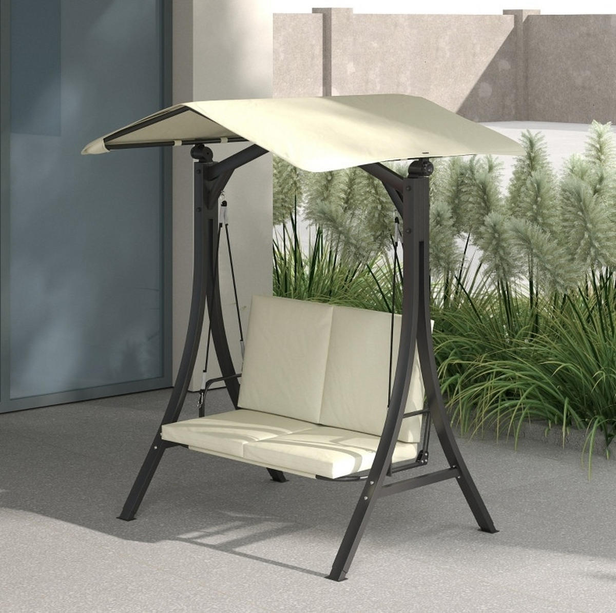 HOLLYWOODSCHAUKEL 150/120/182 cm mit verstellbarem Sonnendach, gepolsterter 2-Sitzer und UV-Schutz, Cremeweiß - Beige, Textil (120/182/150cm) - Redom