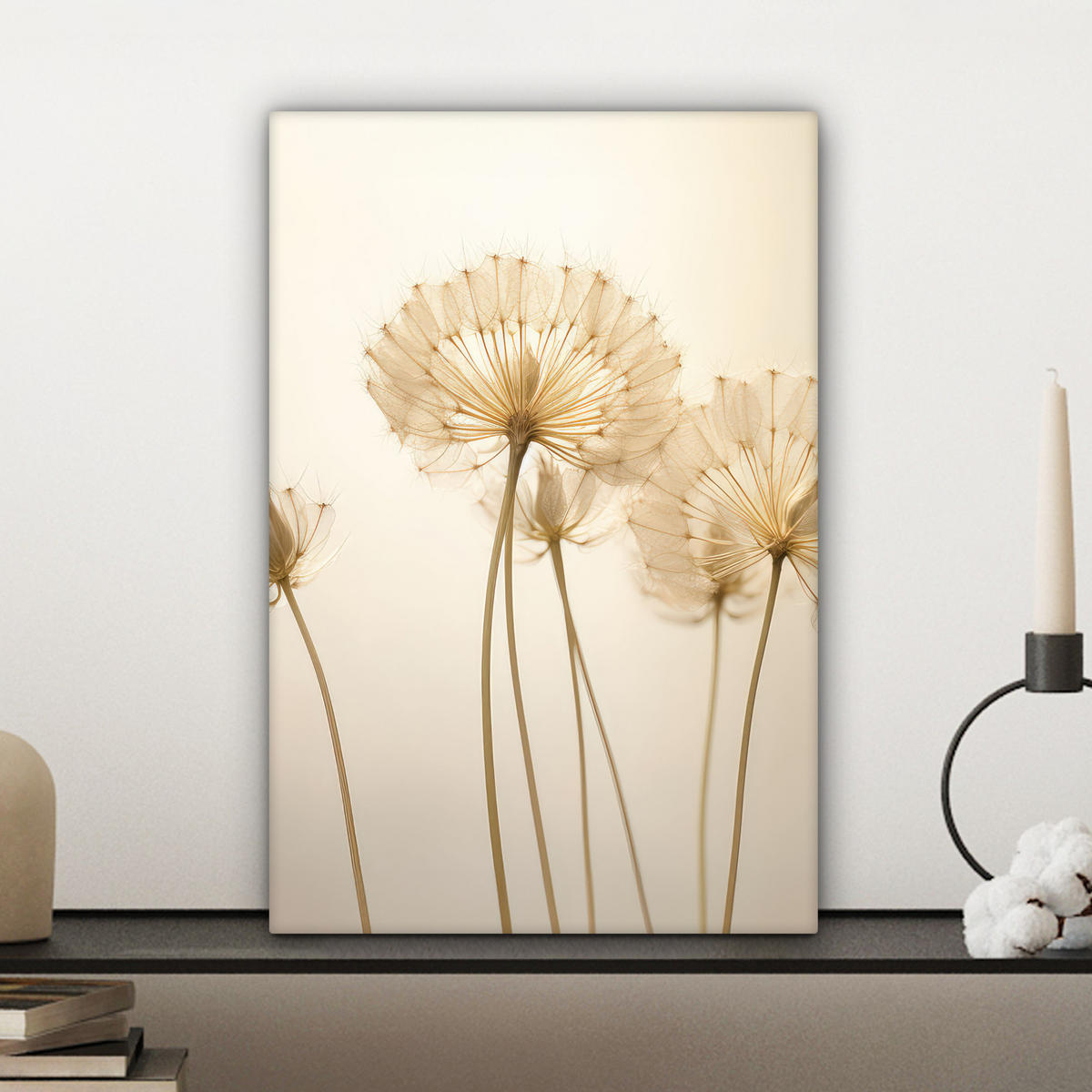 LEINWANDBILD Sonnenlicht - Löwenzahn - Botanisch - Blumen Deko Wohnzimmer 20x30 cm - Creme, Textil (20/30cm) - MuchoWow