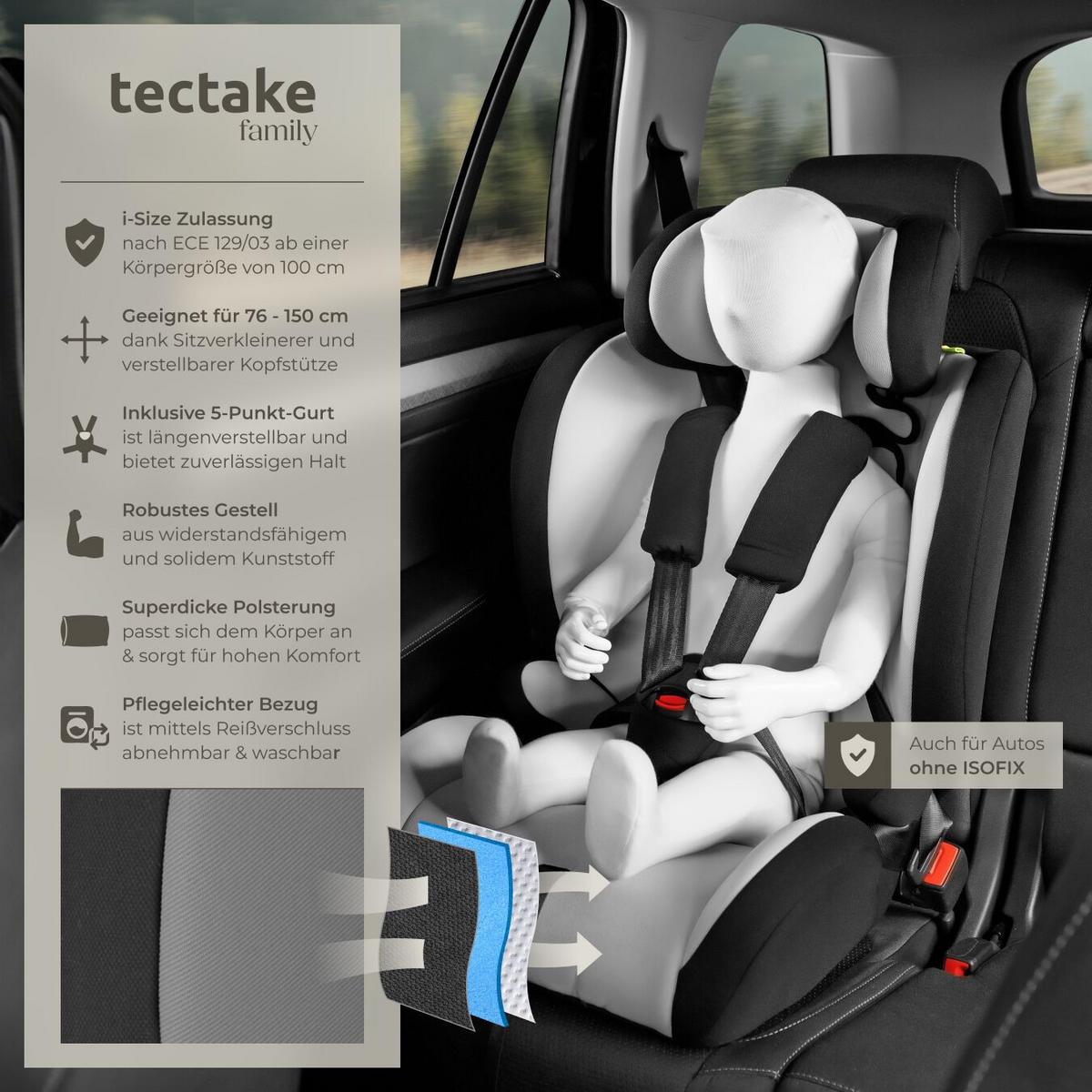 AUTOSITZ Sophie,von 76 bis 150 cm, Belastbarkeit 36 kg,hellgrau/schwarz - Hellgrau/Schwarz, Kunststoff (47/80.5/47cm) - tectake