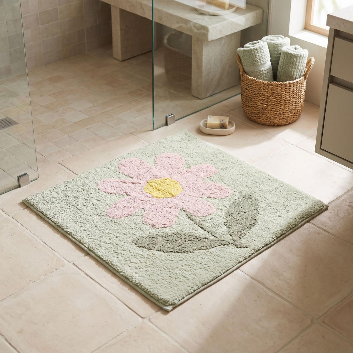 DUSCHVORLEGER Blume 50/50 cm, grün-rosa, 100 % Baumwolle - Grün, Textil (50/50cm) - Homescapes
