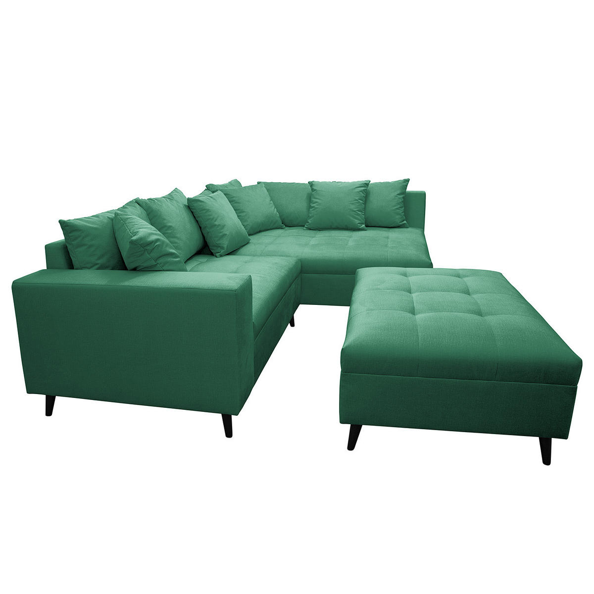 ECKSOFA mit Ottomane und Hocker - Dunkelgrün/Schwarz, Birkenholz/Textil (247/174cm) - home24