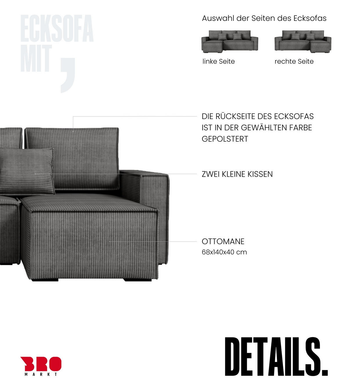 ECKSOFA Dexter mit Schlaffunktion Grau Cord - Dunkelgrau, Textil (238/141cm) - Bromarkt