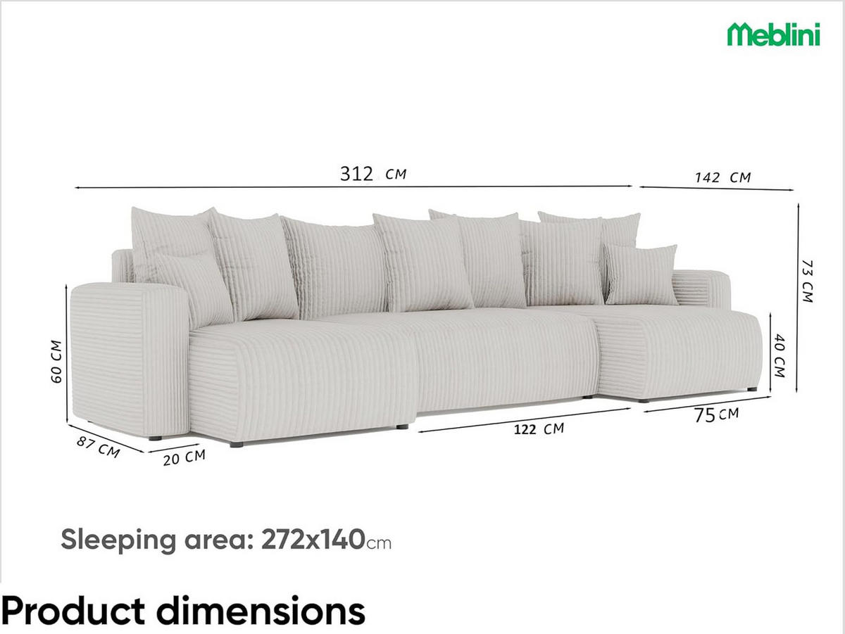 ECKSOFA DAVE U - Hellgrau/Schwarz, Holzwerkstoff (312/142cm) - Meblini