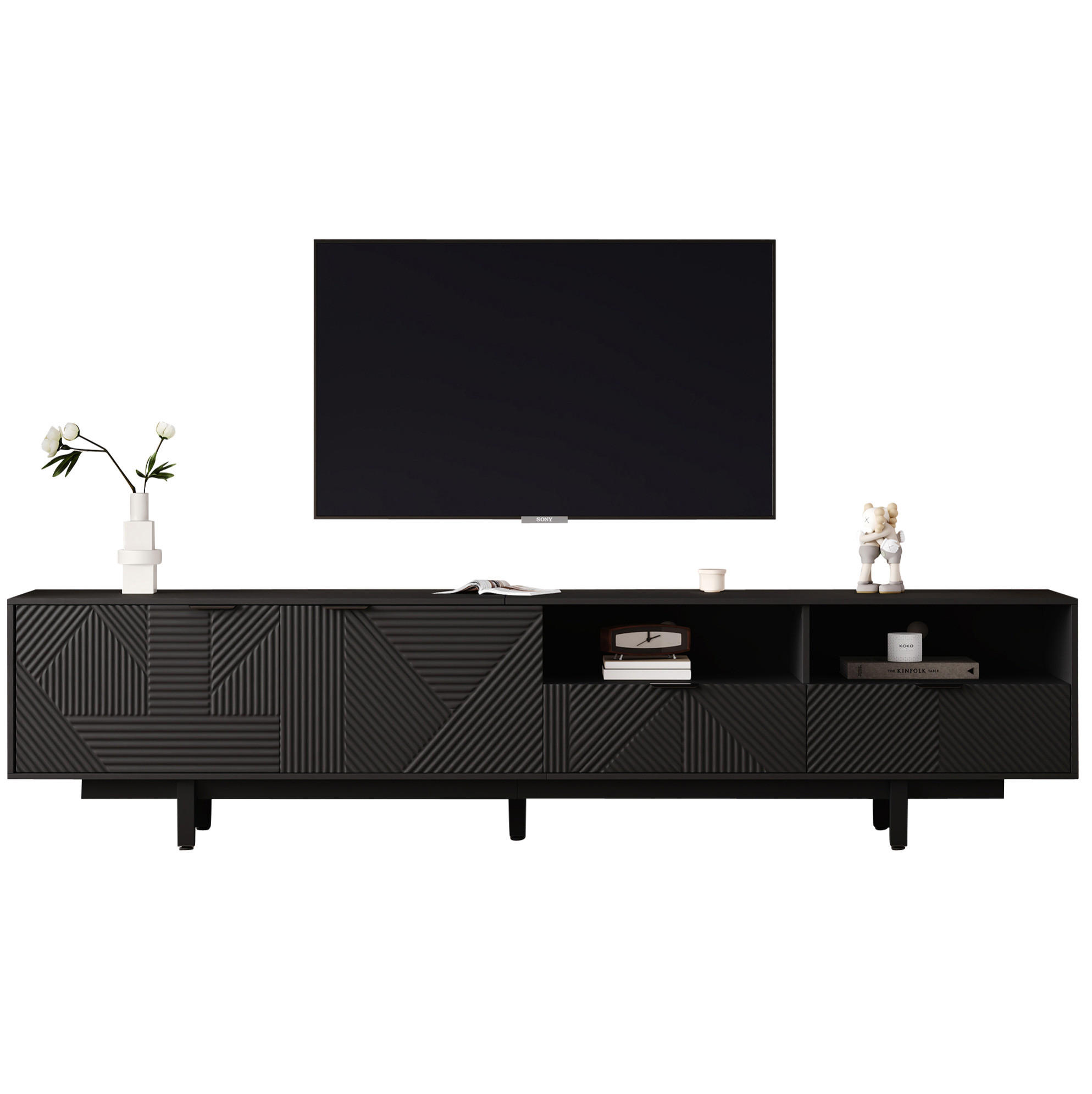TV stolek 200/40/51 cm černý z dřevotřísky s geometrickým vzorem a úložným prostorem - černá, kompozitní dřevo (200/51/40cm) - OKWISH