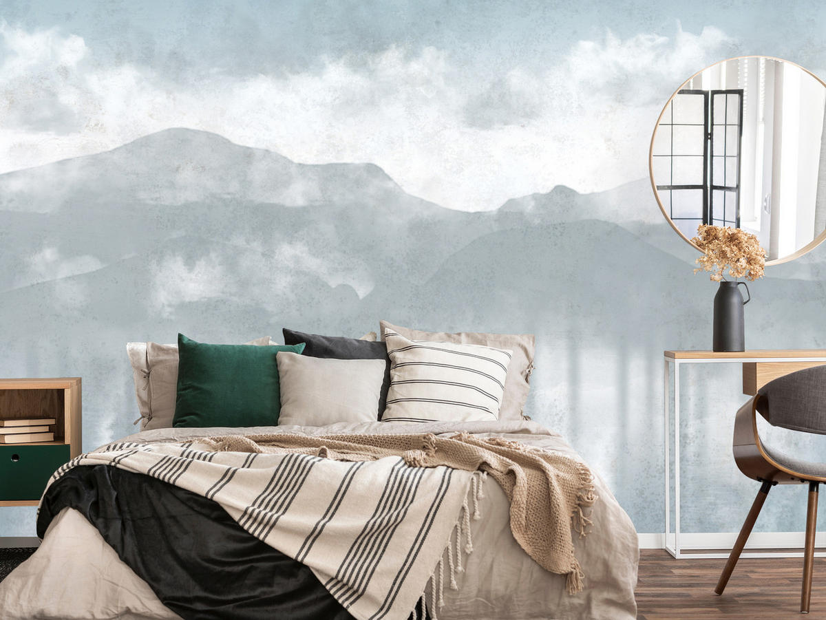 FOTOTAPETE Neblige blaue Landschaft Berge 350x256 - Blau/Weiß, Papier (350/256cm) - Muralo