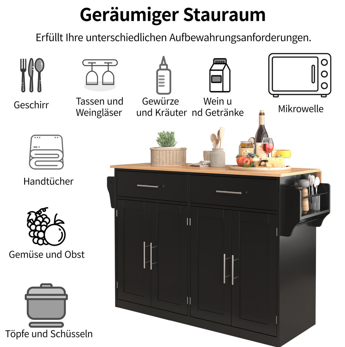 KÜCHENINSEL 120/46(70)/91,5 cm aus MDF mit klappbarer Tischplatte und Rollen Schwarz/Natur - Schwarz, Holzwerkstoff (120/91.5/71cm) - Modenvie