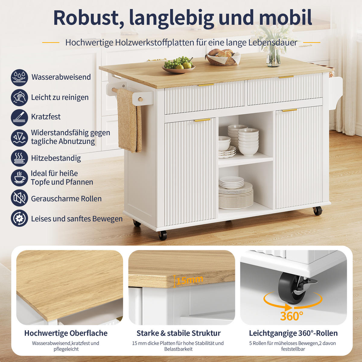 KÜCHENINSEL auf Rollen 143/45/89.5 cm Weiß mit klappbarer Arbeitsplatte, 2 Schubladen und Stauraum - Weiß, Holz/Holzwerkstoff (45/89.5/143cm) - Oxeza
