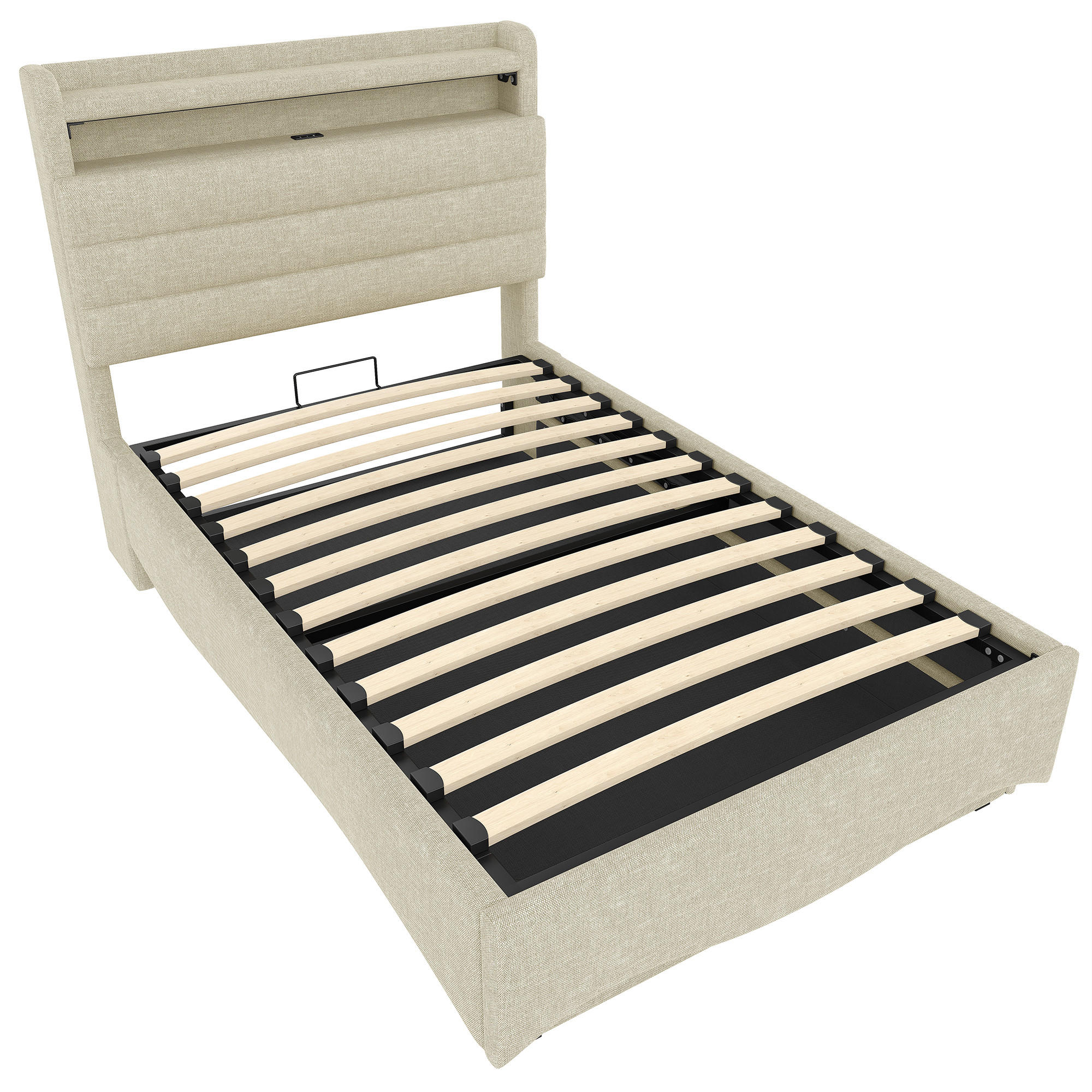 STAURAUMBETT 90/200 cm DE-04971, mit LED und Hydraulik in Beige - Beige, Holzwerkstoff/Metall (90/200cm) - ComfortXL